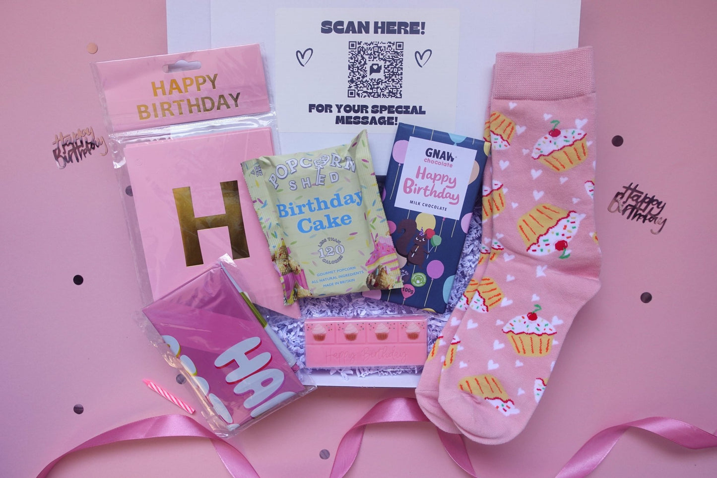 Birthday Gift Box For women, Birthday chocolate bar, birthday popcorn, cupcake socks, pink birthday banner, birthday wax melt. 